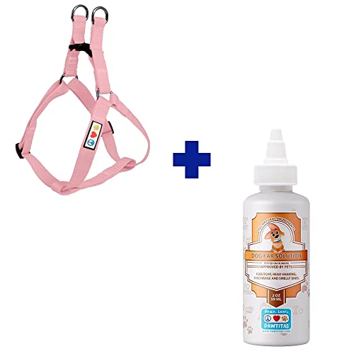 Pawtitas Pet Care Bundle - Adjustable Pink Harness & 100% Natural Ear Cleaner for Medium Dogs