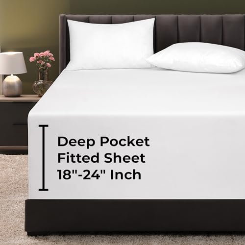 Royale Linens Queen Fitted Sheet - Breathable Comfort, OEKO-TEX Certified - Fits 18-24" Mattress