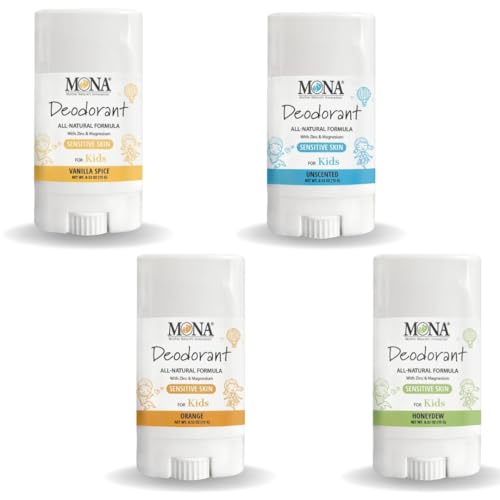 MONA Brands Kids Deodorant - 100% Natural, Hypoallergenic, Travel Size - 4-Pack (0.53 Oz each)