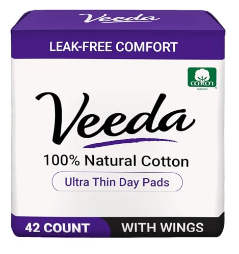 Veeda Natural Cotton Feminine Pads - Heavy Flow, Hypoallergenic, Unscented - 42 Count