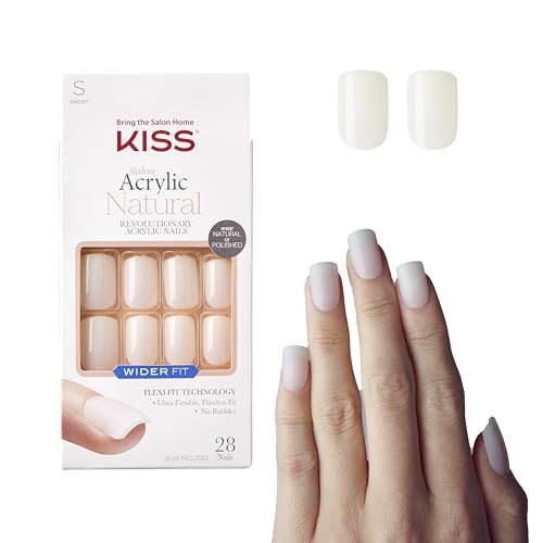 KISS Salon Acrylic Wider Fit Nails - Durable, Bubble-Free, Flexible, Short Square - 28 Pack