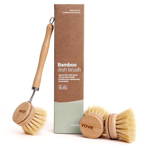 Vove Bamboo Dish Cleaning Set - Natural Bristles, Ergonomic Handle, 3 Replacement Heads