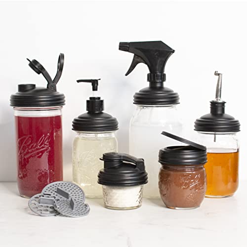 reCAP Zero Waste Kit for Mason Jars - Leak-proof, Durable Design, Multi-Purpose Use - Black/Plus