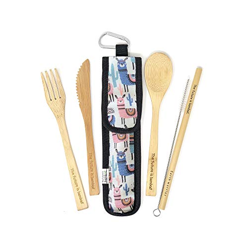 The Future is Bamboo Cutlery Set - Portable, Reusable Organic Utensils with Pouch & Carabiner