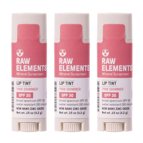 Raw Elements Pink Lip Shimmer SPF 30+ - UVA/UVB Protection, Reef Friendly - 0.15 oz, Pack of 3