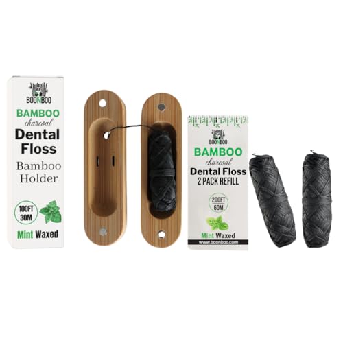 BOONBOO Dental Floss - Charcoal Mint Flavor, PFAS-Free, Bamboo Holder & 2 Refills - 100ft