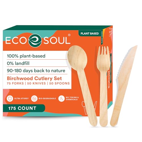 ECO SOUL Compostable Cutlery Set - 100% Natural Birchwood, Sturdy & Biodegradable - 175-Pack