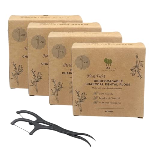 Me Mother Earth Floss Picks - Natural Charcoal, Biodegradable, Plastic-Free - 200 Count