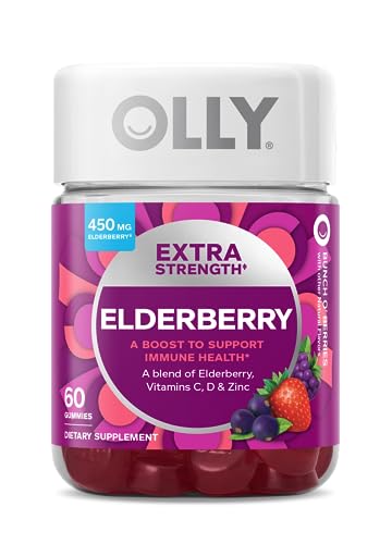 OLLY Immune Defense Gummies - 450mg Elderberry, Vitamins C, D & Zinc, Berry Flavor - 60 Count