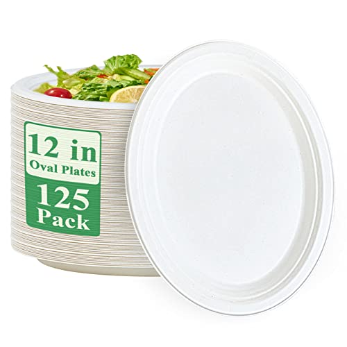 Vplus Compostable Oval Paper Plates - Heavy-Duty, Microwave Safe, 12 Inch, 125 Pack