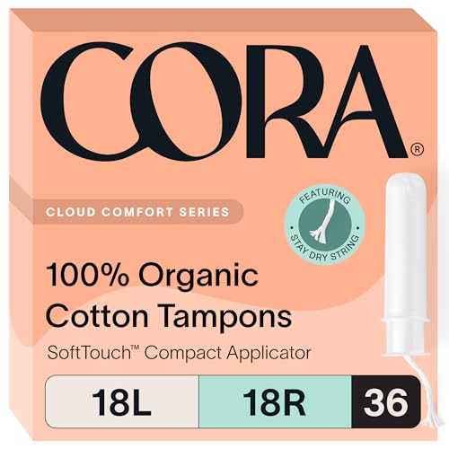 Cora Organic Cotton Tampons - Leak Protection, BPA-Free Applicator - 36 Count (18 Light/18 Regular)