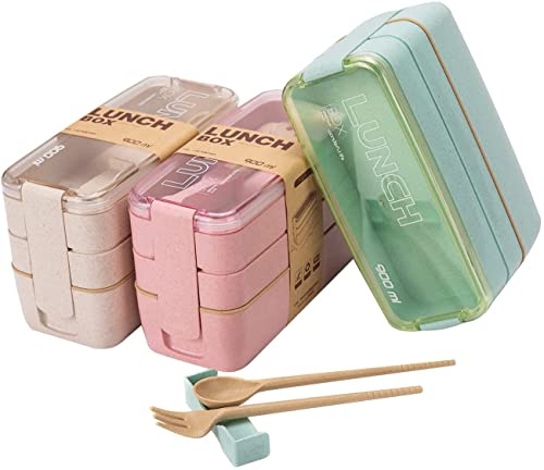 Rarapop 3-Pack Bento Box Set - BPA-Free, Airtight, 3 Compartments - 900ml, Includes Utensils