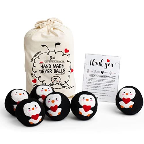 Calindiana Organic Wool Dryer Balls - Reduces Drying Time, Anti-Static, 6 Pack, Black Penguin