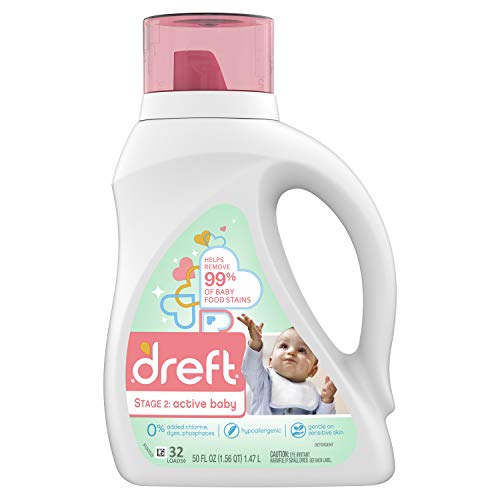 Dreft Active Baby Laundry Detergent - Removes 99% Baby Food Stains, Fresh Baby Scent - 32 Loads