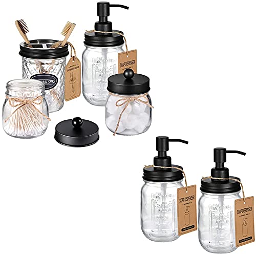 4-Piece Black Mason Jar Bathroom Accessories Set - Rustproof Dispensers & Organizers