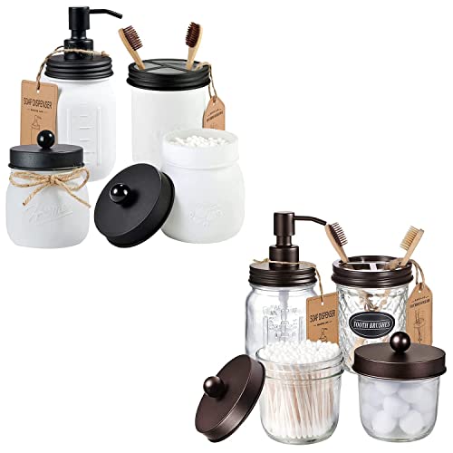 Mason Jar Bathroom Accessories Set - Durable Soap Dispenser & Organizer, Rustic Black - 4PCs