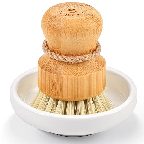 SUBEKYU Bamboo Dish Scrub Brush - Stain Remover, Natural Materials, Sisal Bristles - 12in