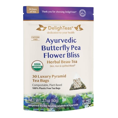 DelighTeas Organic Butterfly Pea Flower Tea - Supports Wellness, Vegan, Non-GMO - 30 Pyramid Bags