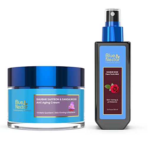 Blue Nectar Skin Care Set - Anti-Aging Saffron Moisturizer & Natural Rose Toner - 5.08 Fl Oz