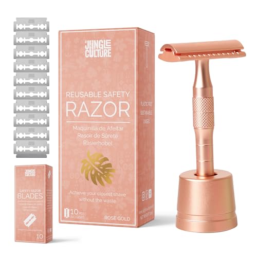 Jungle Culture Safety Razor & Stand - Smooth Shave, Reusable Design, 10 Blades - Rose Gold