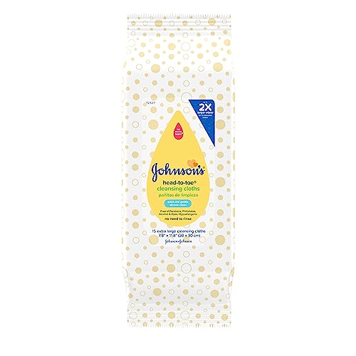 Johnson's Baby Cleansing Cloths - Hypoallergenic, Tear-Free, Soft & Thick - 15 Count