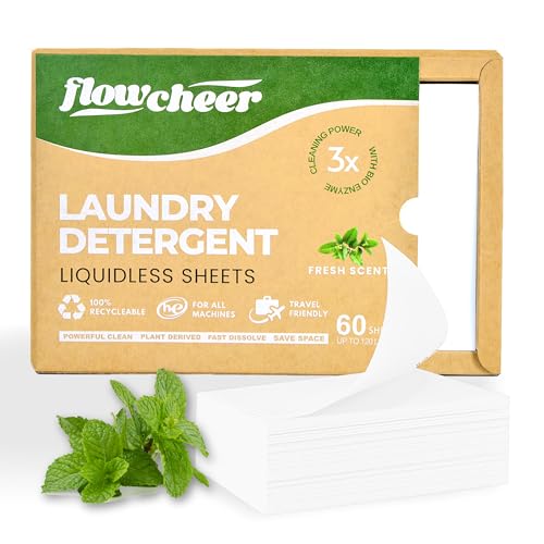 Flowcheer Laundry Detergent Sheets - Powerful Bio-Enzyme Stain Remover, Fresh Scent - 60 Sheets