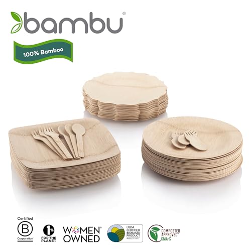 Bambu Disposable Bamboo Plates - 100% Biodegradable, Elegant Design, Pack of 25 - 11"