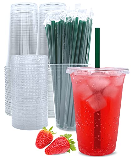 Aatriet Disposable 20 oz Clear Plastic Cups with Lids & Straws - Sturdy, BPA-Free - 50 Sets