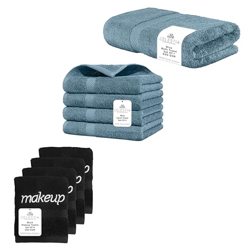 Premium 100% Cotton Towel Set - Soft, Absorbent, OEKO-TEX Certified - Pack of 9, Blue & Black