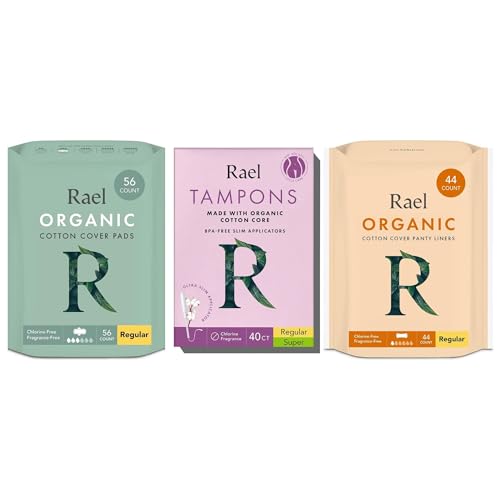 Rael Organic Cotton Feminine Care Set - Leak-Proof, Hypoallergenic, 56 Pads & 40 Tampons