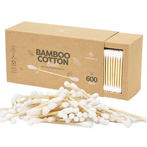 Greenzla Organic Cotton Swabs - Biodegradable Bamboo Tips, Hypoallergenic, 600 Pack