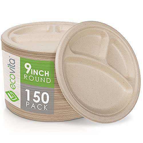 Ecovita 100% Compostable Paper Plates - Sturdy, Heat & Liquid Resistant, 9in, 150 Count