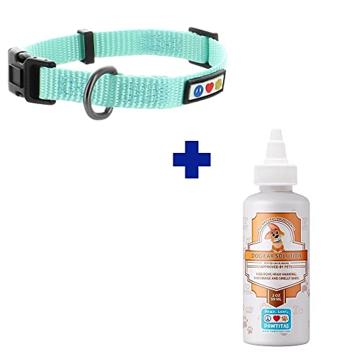 Pawtitas Pet Care Bundle - Durable Teal Collar & 100% Natural Ear Cleaner for Small Dogs