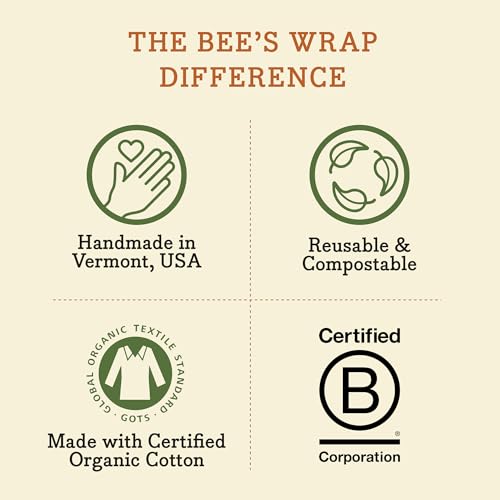 Bee's Wrap Reusable Beeswax Food Wraps - Organic Cotton, Non-Toxic, 3 Large Honeycomb Wraps