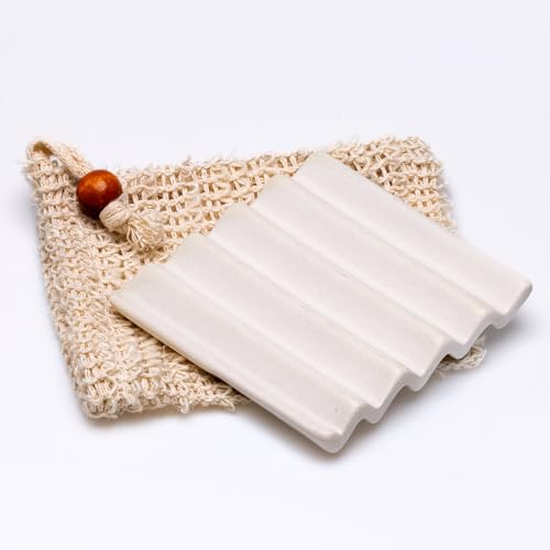 Ceramic Soap Dish - Self-Draining, Long-Lasting, Includes Hemp Soap Saver Bag - 3.5in Square