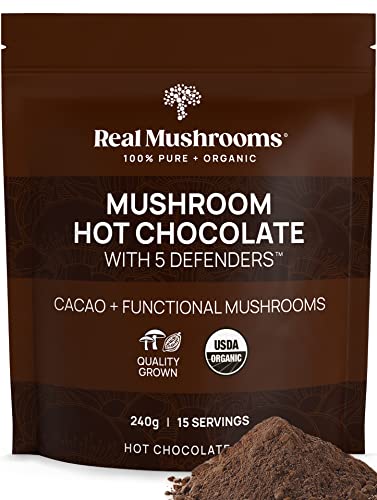 Real Mushrooms Hot Chocolate Mix - Immune Support with 5 Mushroom Extracts, Vegan - 15 Servings