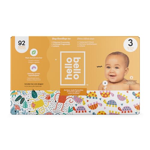 Hello Bello Diapers - Hypoallergenic, Soft Feel, Adorable Monkey & Turtle Designs - 92 Count Size 3