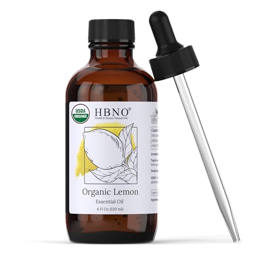 HBNO Organic Lemon Essential Oil - USDA Certified, Cold Pressed for Cleaning & Aromatherapy - 4oz