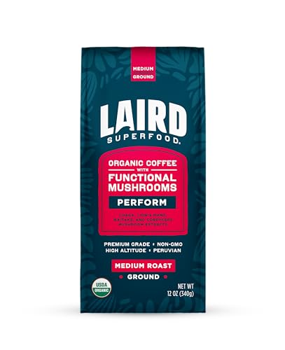 Laird Superfood Peruvian Medium Roast Coffee - Infused with Functional Mushrooms, 12oz