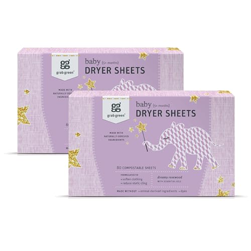 Grab Green Baby Laundry Dryer Sheets - Softens Fabrics, Dreamy Rosewood Scent, 160 Sheets