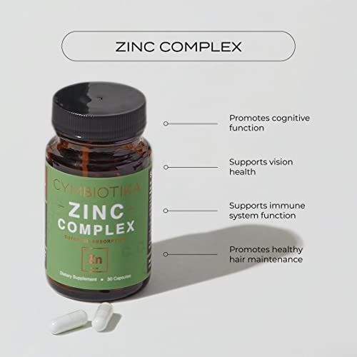 CYMBIOTIKA Zinc Complex, High Absorption Zinc Supplement with Copper, Including Zinc Picolinate, Zinc Monomethione, & Sucrosomial Zinc, Powerful Immune System Booster for Adults, Non-GMO, 30 Capsules