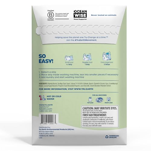 Tru Earth Laundry Detergent Sheets - Gentle for Sensitive Skin, Paraben-Free - 64 Sheets