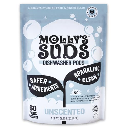 Molly's Suds Dishwasher Pods - Natural Grease Cutter, Residue-Free Clean, 60 Auto-Release Tabs