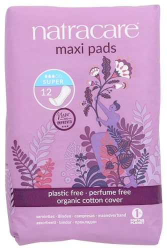 Natracare Maxi Pads Super - Soft Organic Cotton, Biodegradable, No Dyes - 12 Pads, Pack of 6