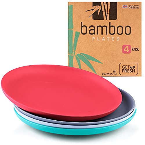 GET FRESH Bamboo Plates - Non-Toxic, Durable Dinnerware Set, Easy to Clean - 4 Pack, Multiple Colors