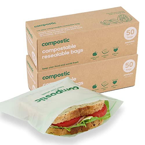 Compostic Food Storage Bags - 100% Compostable, Microwave & Freezer Safe - 100 Count (7"x7")