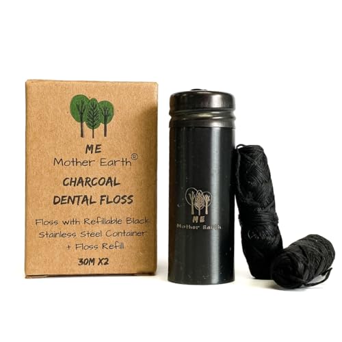 Vegan Bamboo Charcoal Dental Floss - Natural Candelilla Wax, Peppermint, 30M x2, Refillable Case