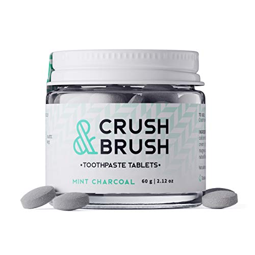 Crush & Brush Toothpaste Tablets - Fluoride-Free, Mint Charcoal, Refillable Jar - 60g, 80 Tabs