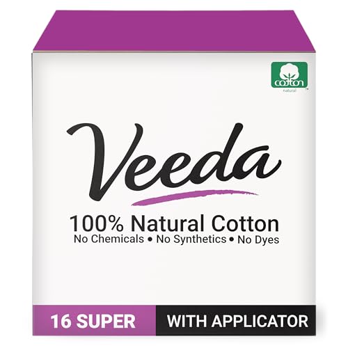 Veeda Natural Cotton Tampons - Super Absorbency, Leak-Proof, BPA-Free Applicator - 16 Count