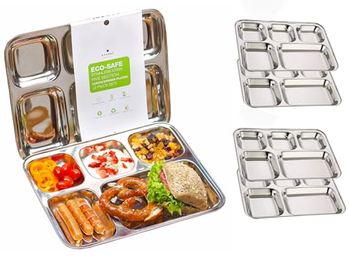 ecozoi Extra Large Stainless Steel Dinner Plates - 5 Compartments, Reusable, Lightweight - Set of 4